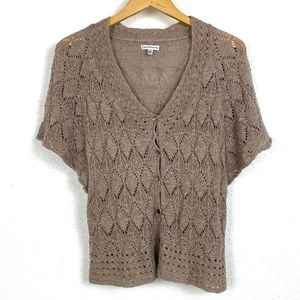 Ramie Cotton Butterfly Sleeve Eyelet Knit Tan Brown Button Flowy Boho Style Top